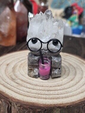 Crystal  Buddy Drinking Boba Tea With Glasses  Clear QuartZ (C)